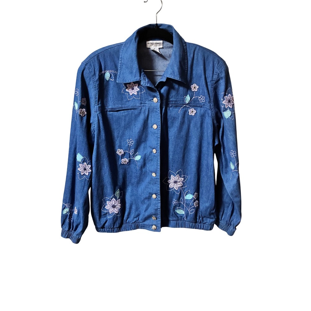Alfred Dunner Denim Jacket Womens 8 Blue Excellent Floral Embroidered Button Up